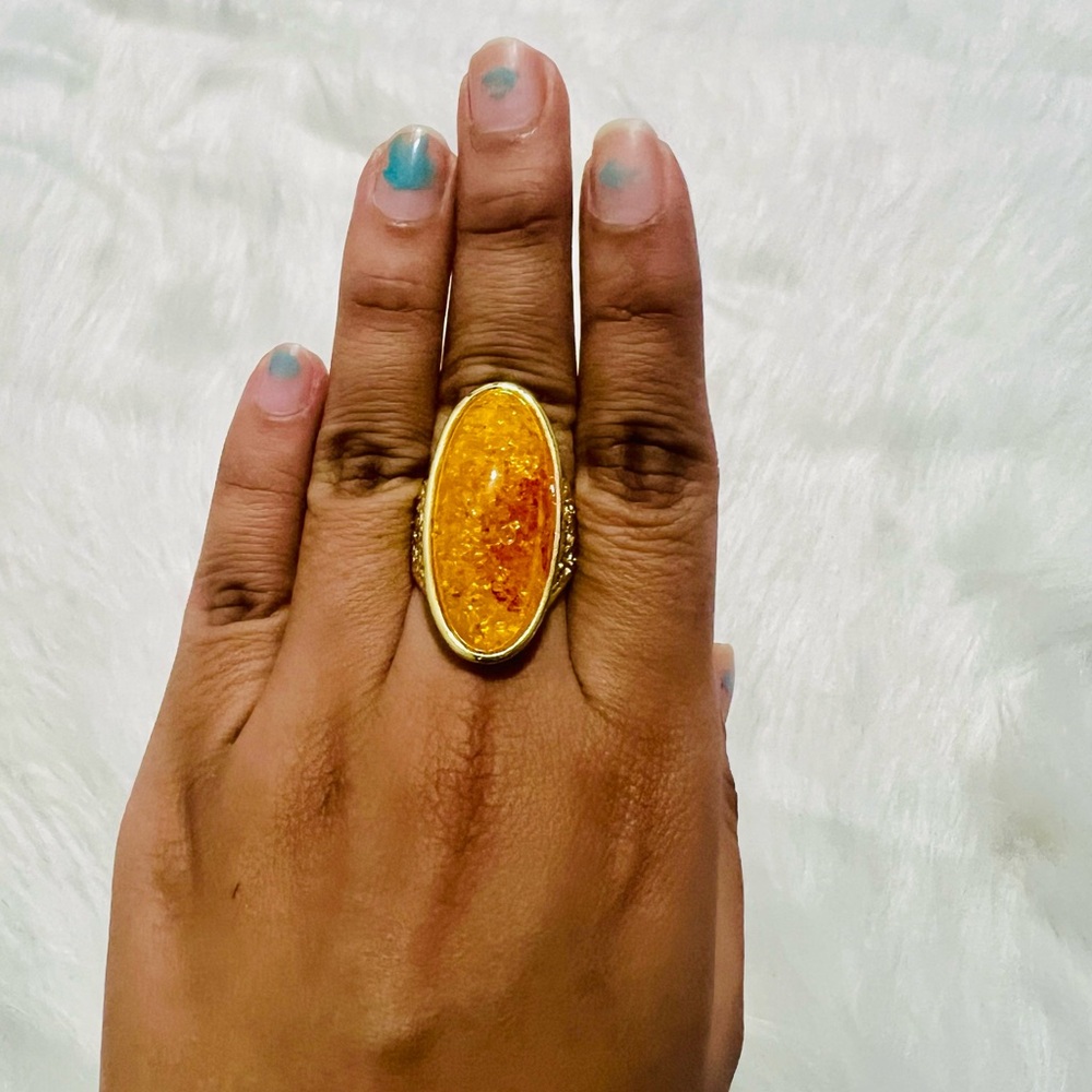 Gold-Tone Oval Amber Statement Ring - Yellow Gem Accent
